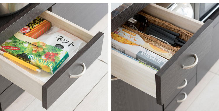 日本製 キッチンカウンター ステンレス天板 完成品 幅90 間仕切りキャスター付き スライド棚 コンセント付き 食器棚 一人暮らし 国産 キッチンボード おしゃれ(代引不可)