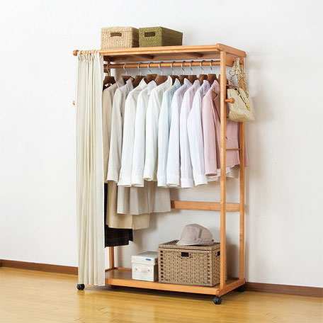 ハンガーラック 天然木 カーテン付きワイドハンガー 90cm幅 カーテン付き キャスター付き ハンガーラック シンプル 衣類収納(代引不可)
