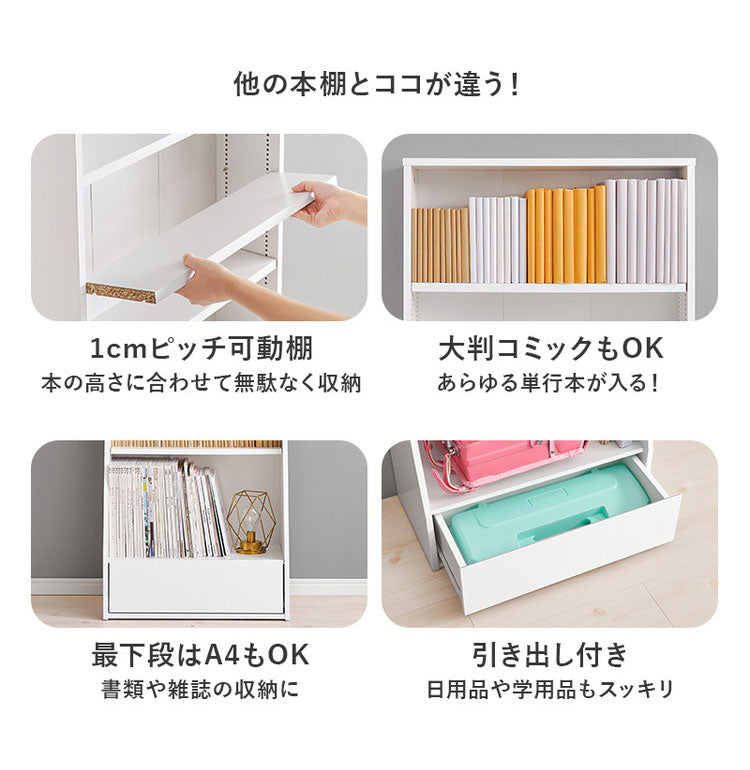 本棚 幅60cm ハイタイプ 棚板 1cmピッチ調節 引き出し付き A4 A5 文庫本 漫画 コミック 雑誌 マガジン 絵本 教科書 ランドセル ラック シェルフ 大容量 おしゃれ(代引不可)