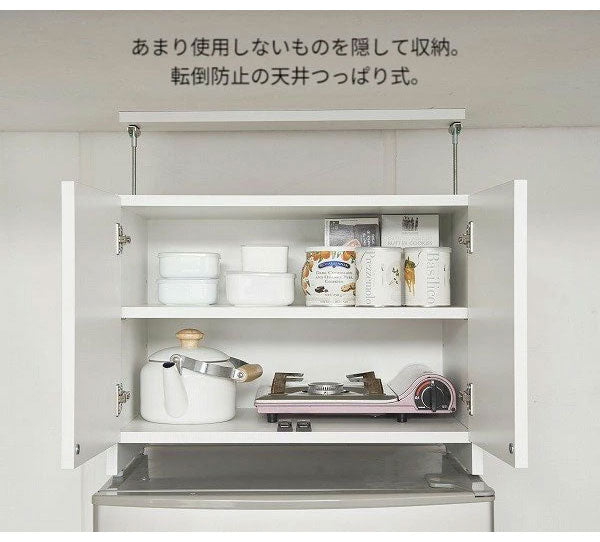 冷蔵庫上 突っ張り 日本製 冷蔵庫上収納 耐震加工 収納 幅59cm 高さ調節機能付き 光沢仕上げ キッチン小物収納 キッチン収納 水切り 日本製 完成品ストッカー キッチンストッカー(代引不可)