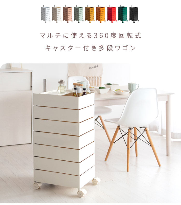 マルチワゴン Pluna プルーナ 7段 360度回転 スリムサイズ リビング キッチン 子ども部屋 コスメ収納 玄関 寝室 ランドリー キャスター付き かわいい 収納ワゴン ワゴン収納 多段ワゴン チェスト デスクワゴン リビングワゴン サイドラック(代引不可)