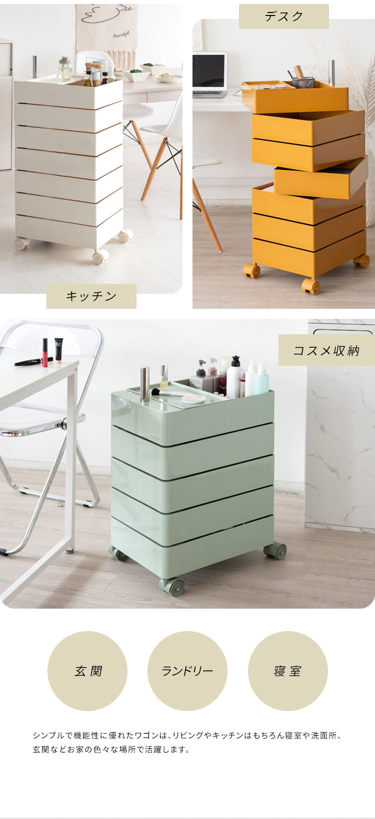 マルチワゴン Pluna プルーナ 7段 360度回転 スリムサイズ リビング キッチン 子ども部屋 コスメ収納 玄関 寝室 ランドリー キャスター付き かわいい 収納ワゴン ワゴン収納 多段ワゴン チェスト デスクワゴン リビングワゴン サイドラック(代引不可)