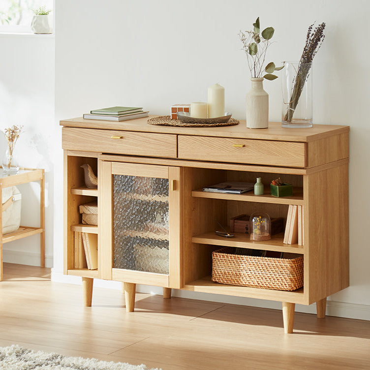 スライドシェルフ 幅110cm キャビネット 伸縮タイプ 天然木 脚付き ガラス扉 サイドボード リビングボード 収納家具 サイドチェスト オーク ウォールナット 木製 リビング ダイニング(代引不可)