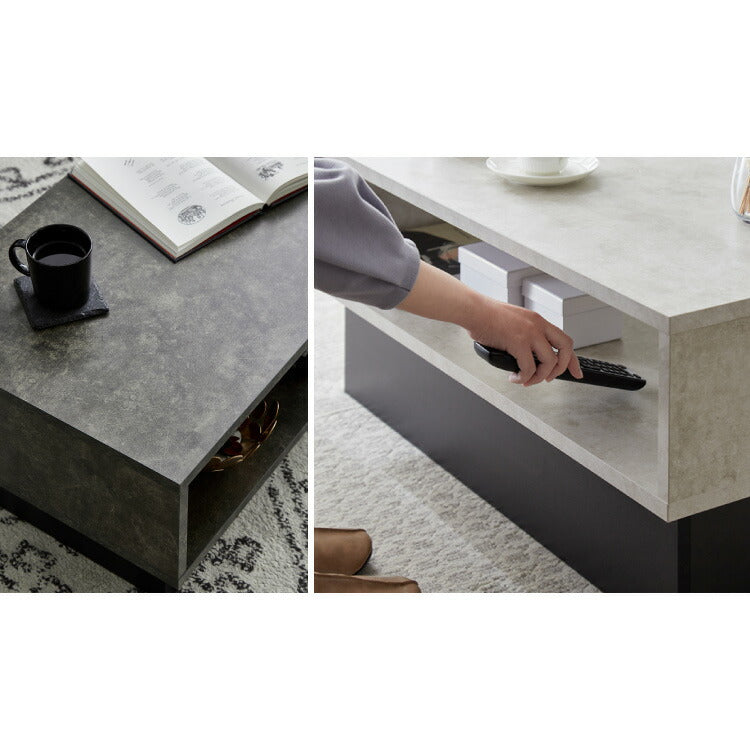 センターテーブル ストーン調 ボックス型センターテーブル 90×45 テーブル ローテーブル 幅90 セラミック調 グレー リビングテーブル 収納 棚付き リビングテーブル ソファテーブル