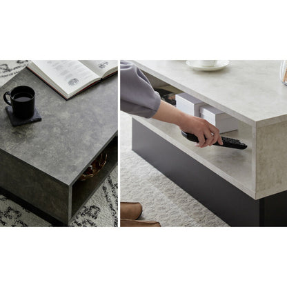 センターテーブル ストーン調 ボックス型センターテーブル 90×45 テーブル ローテーブル 幅90 セラミック調 グレー リビングテーブル 収納 棚付き リビングテーブル ソファテーブル