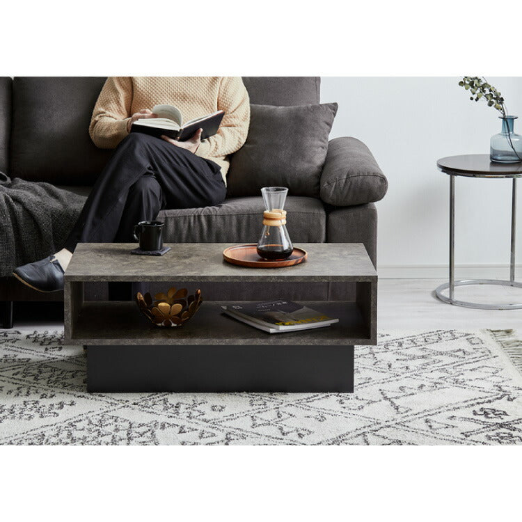 センターテーブル ストーン調 ボックス型センターテーブル 90×45 テーブル ローテーブル 幅90 セラミック調 グレー リビングテーブル 収納 棚付き リビングテーブル ソファテーブル