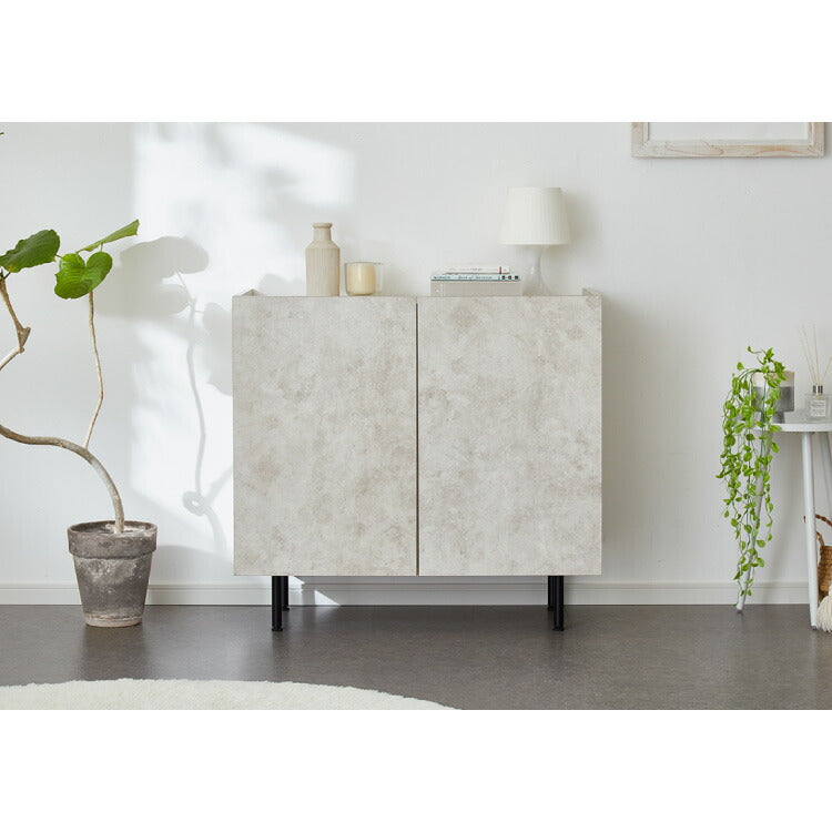 キャビネット ストーン調 幅90cm チェスト リビングボード 開き扉 セラミック調 グレー 収納棚 サイドボード サイドチェスト サイドキャビネット テレビ台 ハイタイプ 脚付き スチール脚