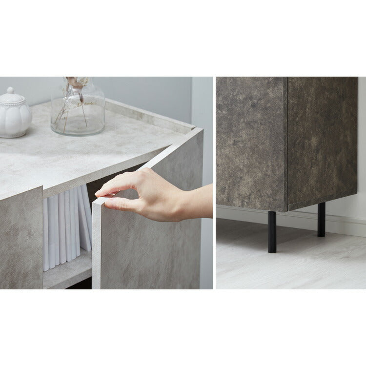 キャビネット ストーン調 幅90cm チェスト リビングボード 開き扉 セラミック調 グレー 収納棚 サイドボード サイドチェスト サイドキャビネット テレビ台 ハイタイプ 脚付き スチール脚