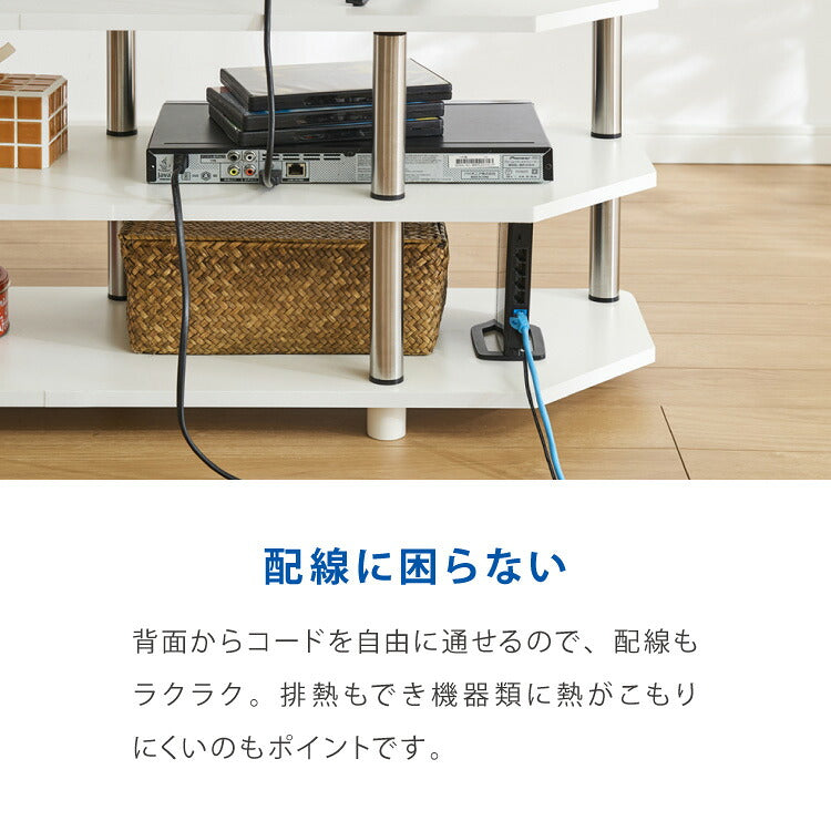 コーナーテレビ台 幅100cm 組立簡単 ミッドセンチュリー ホワイト×シルバー 棚 ラック システムラック テレビボード ローボード コーナー ステンレス モダン レトロ風 おしゃれ かわいい シルバー