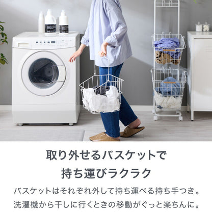 ランドリーバスケット 3段 木取っ手 角形 ランドリーワゴン 洗濯かご キャスター付き スリム スクエアタイプ ランドリーラック ランドリーボックス ワイヤーバスケット バスケット ランドリー収納
