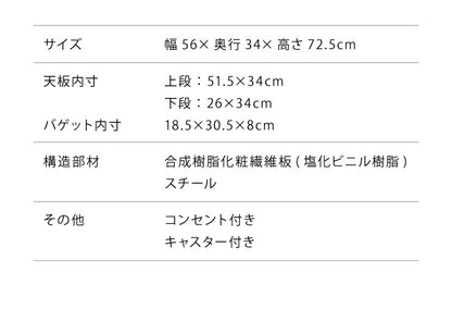 ヴィンテージ調 キッチンワゴン 幅56cm かご2段 コンセント キャスター付き キッチン ワゴン キッチン収納 台所収納 木目調