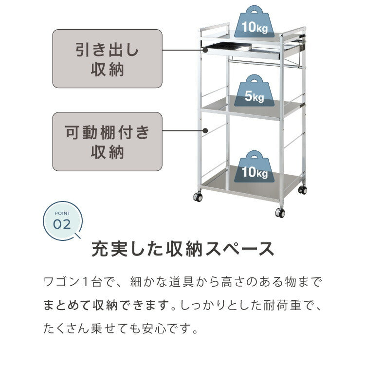 日本製 燕三条 ステンレス作業台ワゴン 幅50cm 引出付き ハンドル付き キッチンワゴン 作業台 調理台 スリム キャスター付き おしゃれ ステンレス天板 ステンレスワゴン キッチンラック(代引不可)