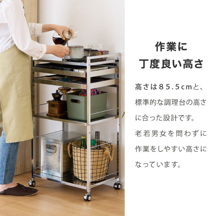 日本製 燕三条 ステンレス作業台ワゴン 幅50cm 2段 引出付き ハンドル付き キッチンワゴン 作業台 調理台 スリム キャスター付き おしゃれ ステンレス天板 ステンレスワゴン キッチンラック(代引不可)