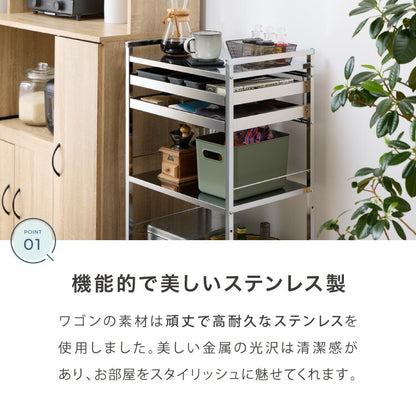 日本製 燕三条 ステンレス作業台ワゴン 幅50cm 2段 引出付き ハンドル付き キッチンワゴン 作業台 調理台 スリム キャスター付き おしゃれ ステンレス天板 ステンレスワゴン キッチンラック(代引不可)
