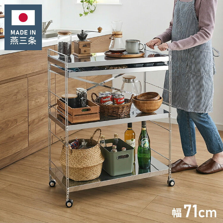 日本製 燕三条 ステンレス作業台ワゴン ダブルフレームデザイン 幅73cm 引出し付き ハンドル付き キッチンワゴン 作業台 調理台 スリム キャスター付き シルバー 韓国インテリア おしゃれ