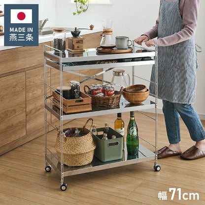日本製 燕三条 ステンレス作業台ワゴン ダブルフレームデザイン 幅73cm 引出し付き ハンドル付き キッチンワゴン 作業台 調理台 スリム キャスター付き シルバー 韓国インテリア おしゃれ