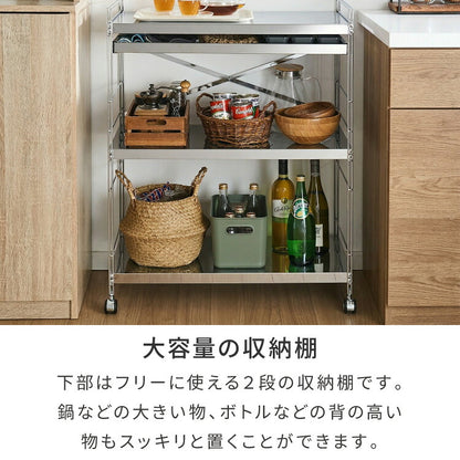 日本製 燕三条 ステンレス作業台ワゴン ダブルフレームデザイン 幅73cm 引出し付き ハンドル付き キッチンワゴン 作業台 調理台 スリム キャスター付き シルバー 韓国インテリア おしゃれ