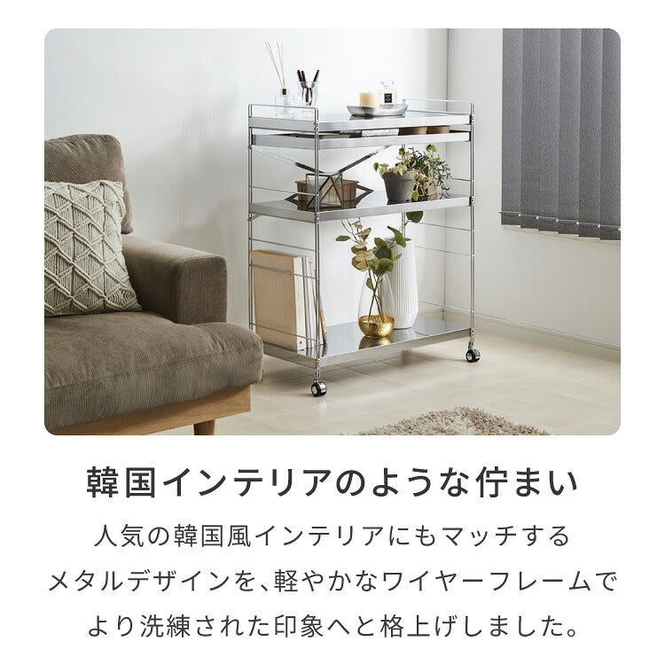 日本製 燕三条 ステンレス作業台ワゴン ダブルフレームデザイン 幅73cm 引出し付き ハンドル付き キッチンワゴン 作業台 調理台 スリム キャスター付き シルバー 韓国インテリア おしゃれ