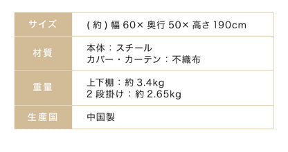 選べるカバー付きクローゼットハンガー 幅60cm 上下棚付き 2段掛け ハンガーラック ワードローブ 洋服 たんす 収納 アレンジ 収納棚 たな ラック 衣装ケース 組み合わせ カスタマイズ(代引不可)