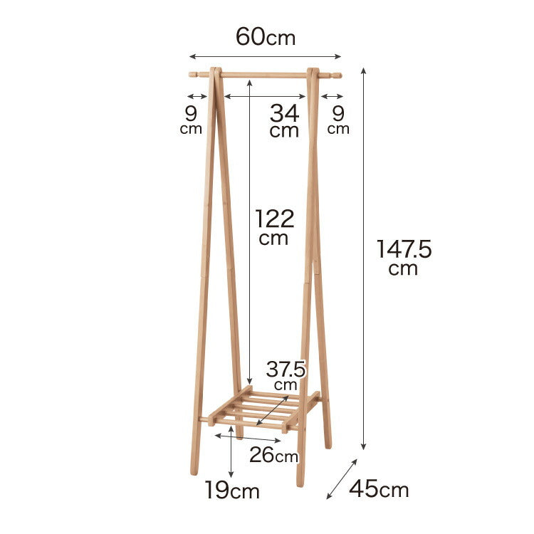 天然木 ハンガーラック 幅60cm 棚付き A型ハンガーラック 折りたたみ 省スペース コンパクト スリム ナチュラル ハンガーラック 木製 ポールハンガー コートハンガー 洋服掛け 衣類収納 木製