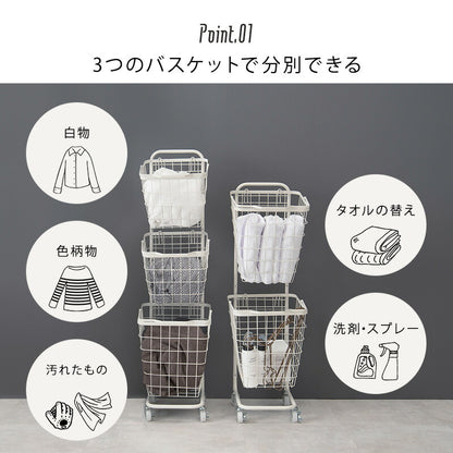 ワイヤーバスケット 3段 洗濯かご 【2タイプ×6カラー】 キャスター付 ランドリーラック 韓国インテリア ランドリーボックス(代引不可)