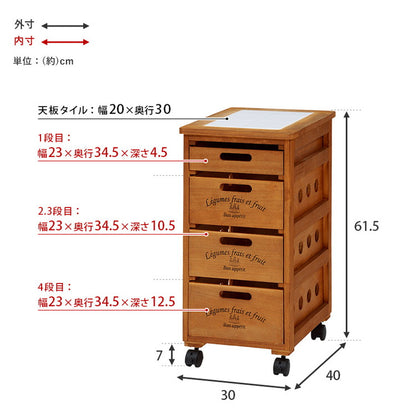 キッチンストッカー 幅30cm 4段 天然木 タイル天板 ワゴン 野菜ストッカー キッチンワゴン すき間収納 隙間収納 キャスター付き キッチン 収納庫 木製 キッチン収納(代引不可)