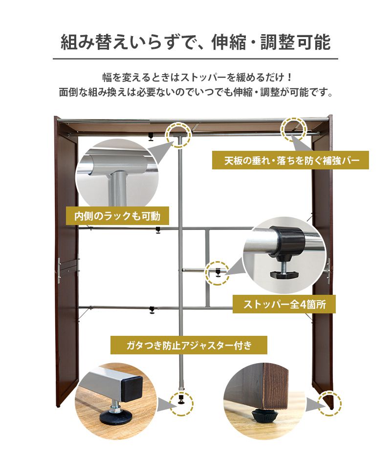 ハンガーラック 伸縮クローゼット カバー付き 幅115~195cm 高さ170cm 木製 アジャスター 衣類収納 ワードローブ おしゃれ(代引不可)