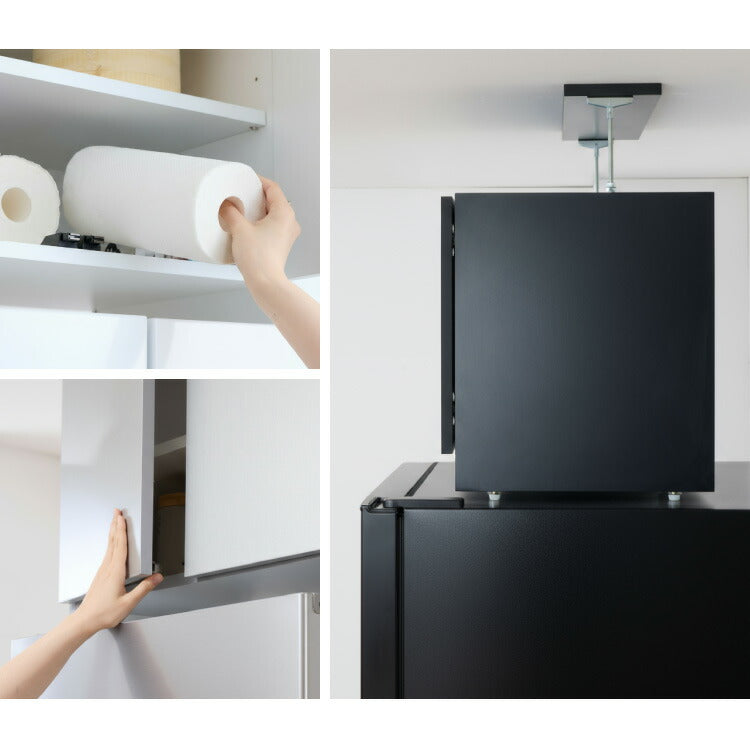 冷蔵庫上 突っ張り 日本製 冷蔵庫上収納 耐震加工 収納 幅59cm 高さ調節機能付き 光沢仕上げ キッチン小物収納 キッチン収納 水切り 日本製 ストッカー キッチンストッカー(代引不可)