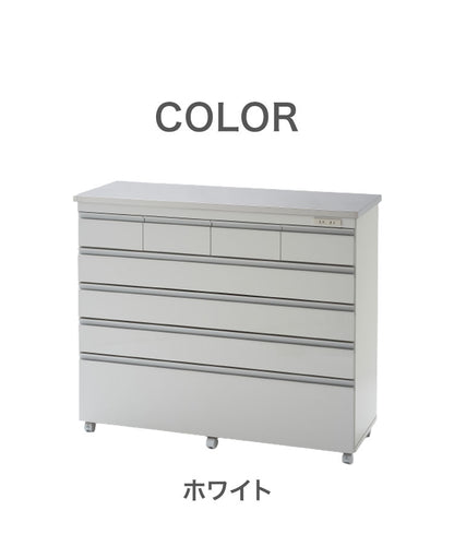 【完成品 日本製】 キッチンカウンター ステンレス天板 幅120 高さ100 5段 オープンスライド キャスター付き 国産 背面化粧仕上げ 鏡面仕上げ 間仕切り テーブル 食器棚 キッチンボード 引き出し(代引不可)