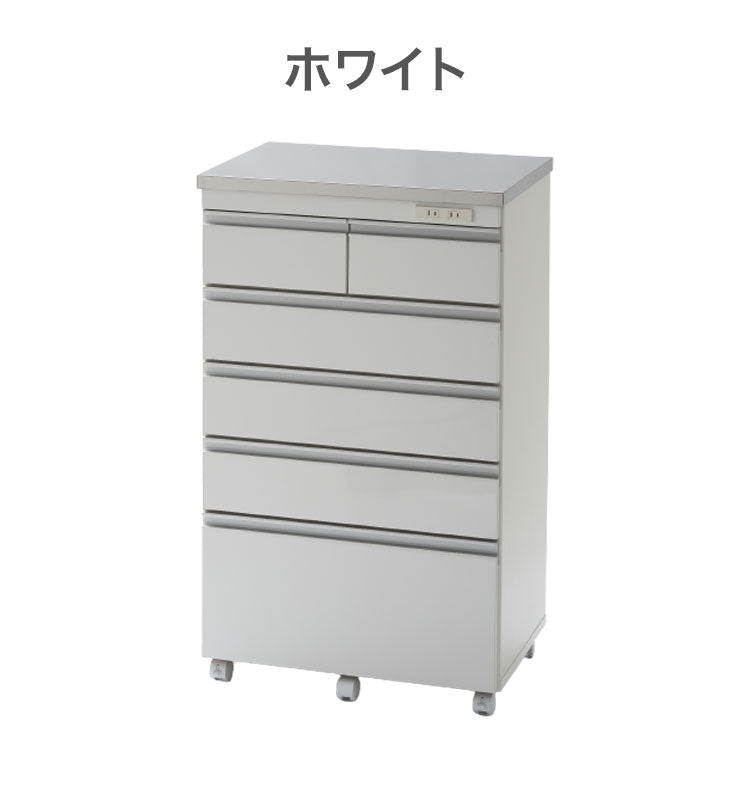 【完成品 日本製】 キッチンカウンター ステンレス天板 幅60 高さ100 5段 オープンスライド キャスター付き 国産 背面化粧仕上げ 鏡面仕上げ 間仕切り テーブル 食器棚 キッチンボード 引き出し(代引不可)