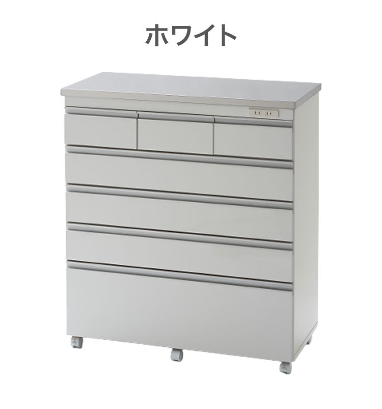 【完成品 日本製】 キッチンカウンター ステンレス天板 幅90 高さ100 5段 オープンスライド キャスター付き 国産 背面化粧仕上げ 鏡面仕上げ 間仕切り テーブル 食器棚 キッチンボード 引き出し(代引不可)