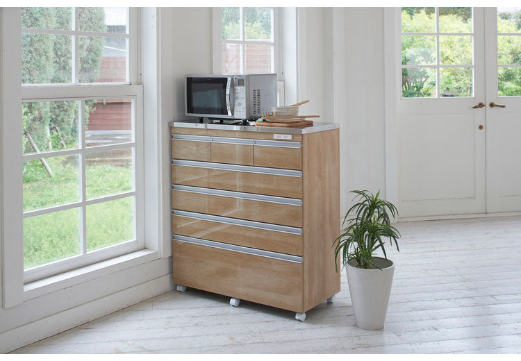 【完成品 日本製】 キッチンカウンター ステンレス天板 幅90 高さ100 5段 オープンスライド キャスター付き 国産 背面化粧仕上げ 鏡面仕上げ 間仕切り テーブル 食器棚 キッチンボード 引き出し(代引不可)