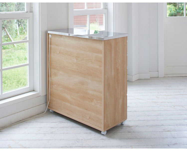 【完成品 日本製】 キッチンカウンター ステンレス天板 幅90 高さ100 5段 オープンスライド キャスター付き 国産 背面化粧仕上げ 鏡面仕上げ 間仕切り テーブル 食器棚 キッチンボード 引き出し(代引不可)