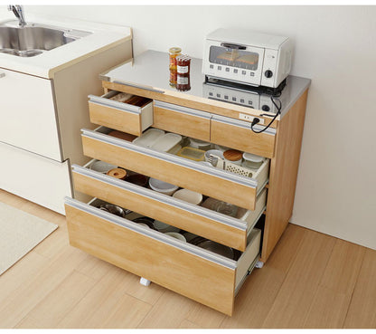 キッチンカウンター 間仕切り ステンレス天板 幅90 完成品 国産 背面化粧仕上げ 鏡面仕上げ 【開梱設置無料】 キャスター付き 4段 レンジ台 レンジラック 食器棚 キッチンワゴン(代引不可)