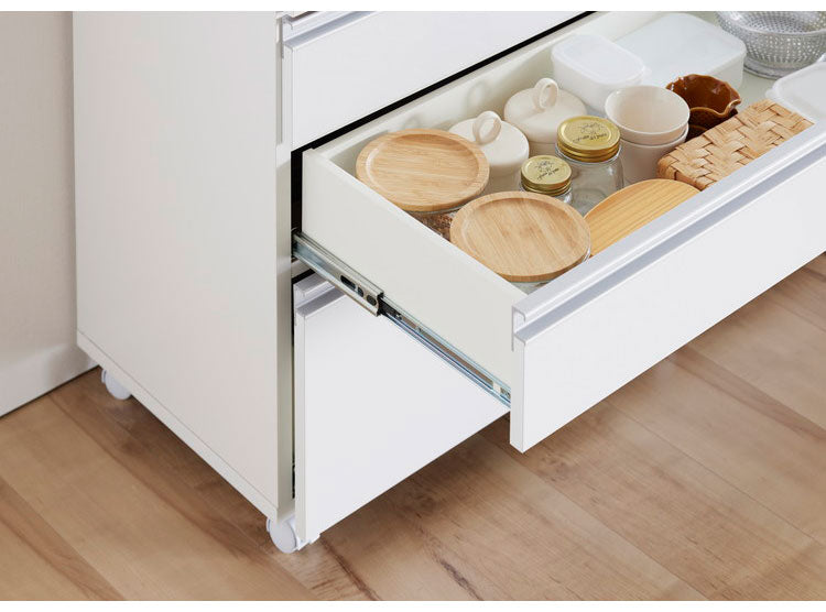 キッチンカウンター 間仕切り ステンレス天板 幅90 完成品 国産 背面化粧仕上げ 鏡面仕上げ 【開梱設置無料】 キャスター付き 4段 レンジ台 レンジラック 食器棚 キッチンワゴン(代引不可)