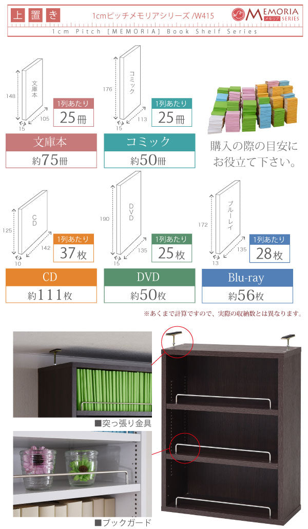 本棚 ラック シェルフ 1cmピッチ 大量収納 MEMORIA 棚板が1cmピッチで可動する 薄型オープン上置き幅41.5 FRM-0103(代引不可)