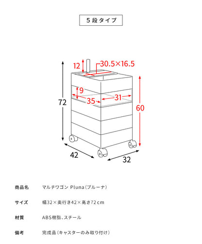 マルチワゴン Pluna プルーナ 5段 360度回転 天板トレー スリムサイズ リビング キッチン 子ども部屋 コスメ収納 玄関 寝室 ランドリー キャスター付き かわいい 収納ワゴン ワゴン収納(代引不可)