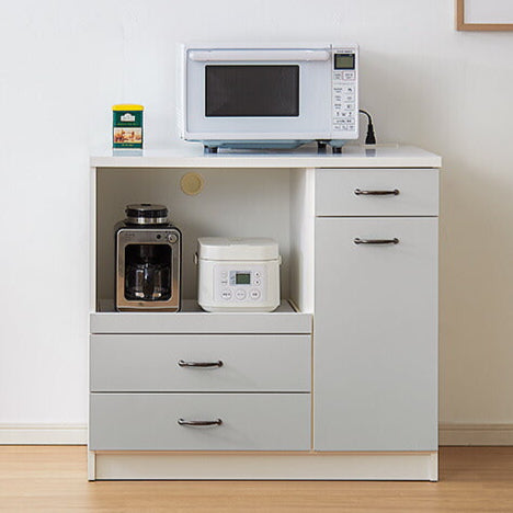 日本製 キッチンカウンター 90 完成品 スライドレール ゴミ箱付き 引き出し収納×3 間仕切り 幅88.5×奥行44.5×高さ82cm フルオープン ホワイト シルバー 2色 国産(代引不可)