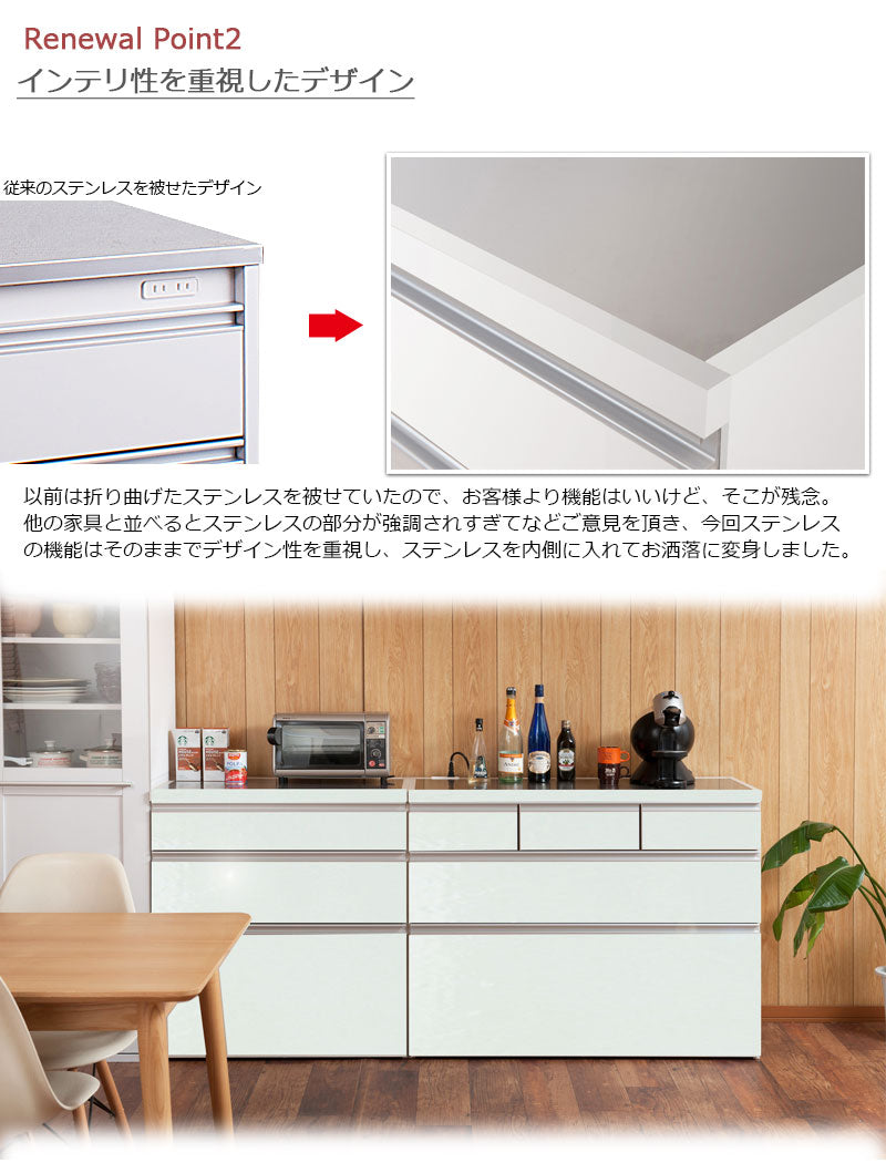 日本製 完成品 大川家具 ステンレス キッチン カウンタ― 幅110 大容量 食器棚 3段 収納 艶出しホワイト レンジ台 レンジラック おしゃれ 国産(代引不可)