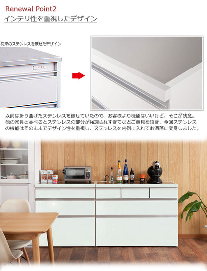 日本製 完成品 大川家具 ステンレス キッチン カウンタ― 幅110 大容量 食器棚 3段 収納 艶出しホワイト レンジ台 レンジラック おしゃれ 国産(代引不可)