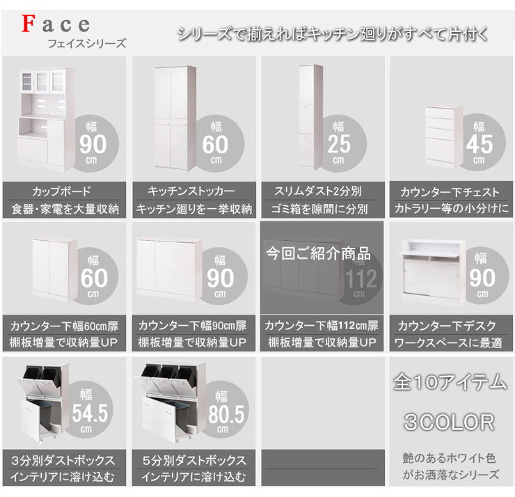 Face キッチンストッカー キャビネット 幅112 カウンター下 食器棚 収納 ホワイト 白 アンティーク ワイド 大容量 カウンタ― 北欧(代引不可)