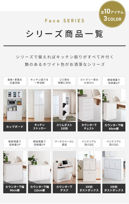Face ダストボックス 28L 幅25cm スリム 2分割 分別 フラップ式 可動棚 収納 鏡面仕上げ シンプル ホワイト 白 おしゃれ モダン すっきり 省スペース コンパクト ゴミ箱 隙間収納 キッチン収納(代引不可)