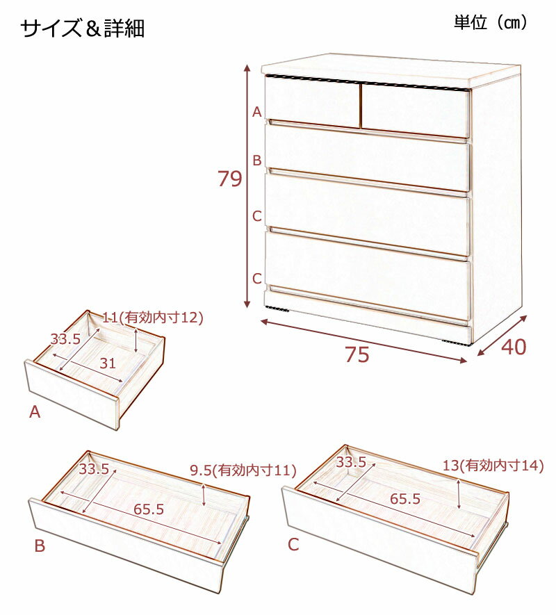 クローゼットチェスト 幅75cm 4段 ホワイト 国産 完成品チェスト クローゼットチェスト 幅75 4段 ローチェスト タンス たんす(代引不可)